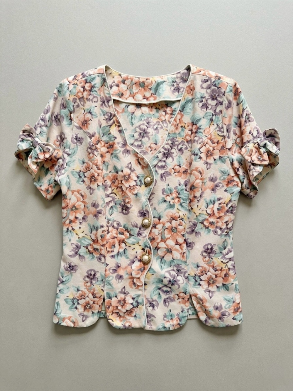 Vintage 90s Madison Wells Pastel Floral Short Sleeve Blazer Top Bows Scalloped